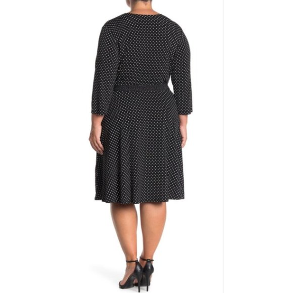 Leota Polka Dot Belted Faux Wrap Long Sleeve Dress - Picture 2 of 15